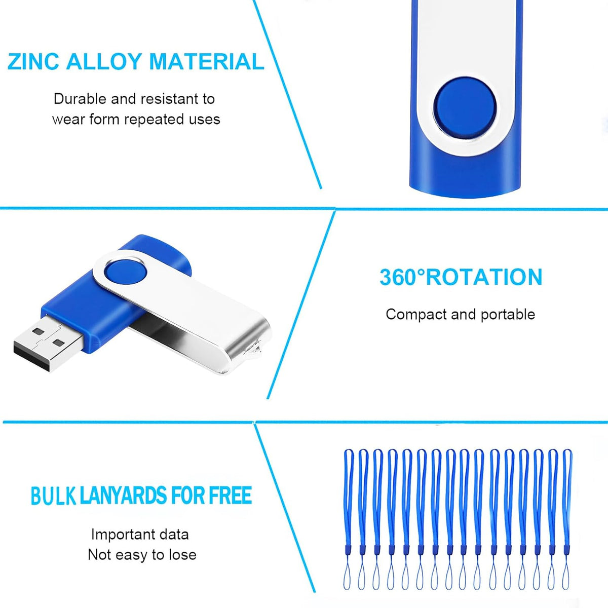 EASTBULL 200 Packs of 2GB Bulk Flash Drives, USB Flash Drives Pack 2GB USB Drives Bulk Swivel USB2.0 Thumb Drives Bulk with Strings (200Packs, Blue)
