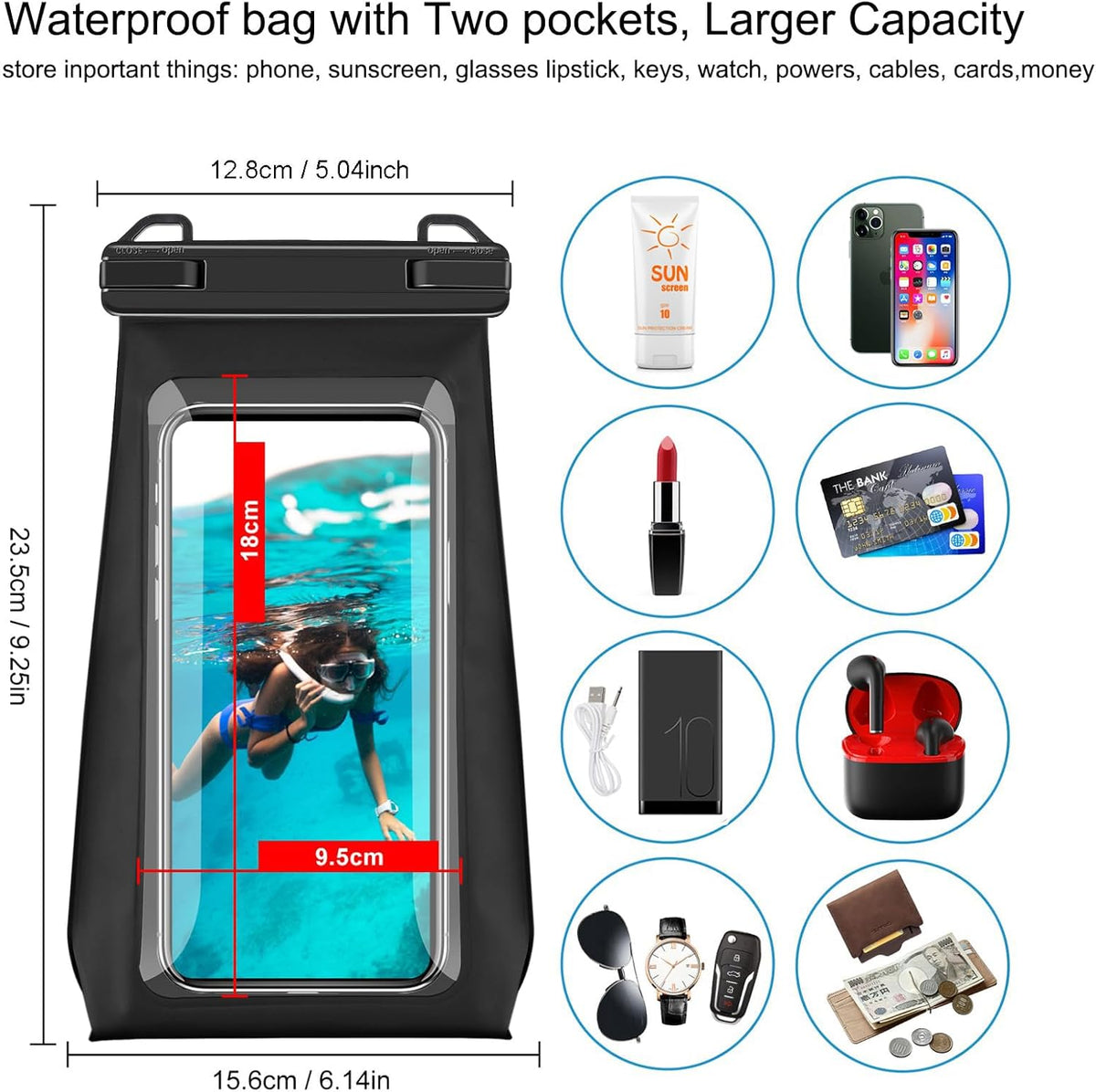 Large Capacity Waterproof Phone Pouch Floating, Waterproof Bag Case for iPhone 15 14 Pro Max 13 12 11 X XR 8 Plus Samsung Up to 6.9'', IPX8 Water Proof Phone Dry Bag for Swimming Kayaking, 1Pack