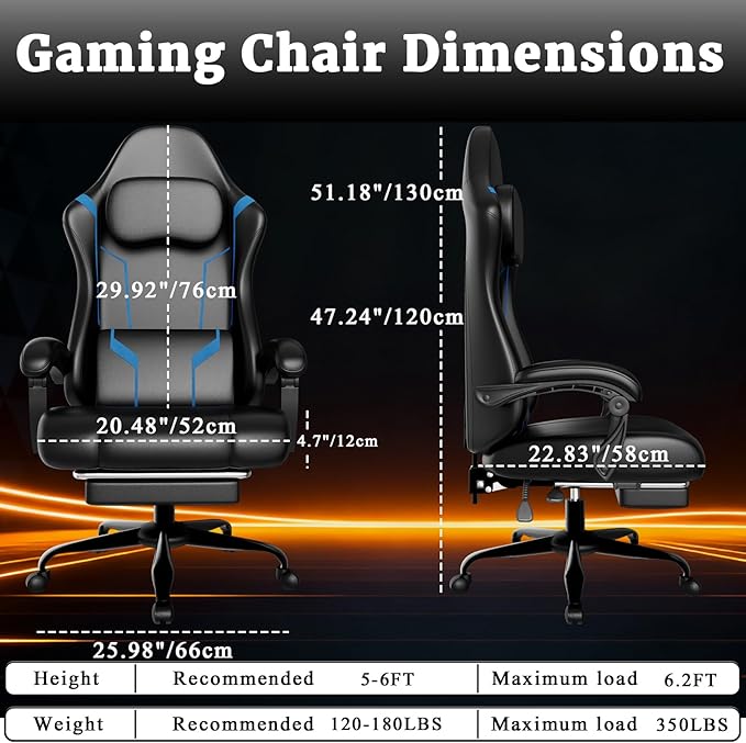 Ergonomic Gaming Chair Video Game Chair with Pocket Spring Cushion and Footrest Height Adjustable Computer Chair with Swivel Seat and Headrest (Blue)