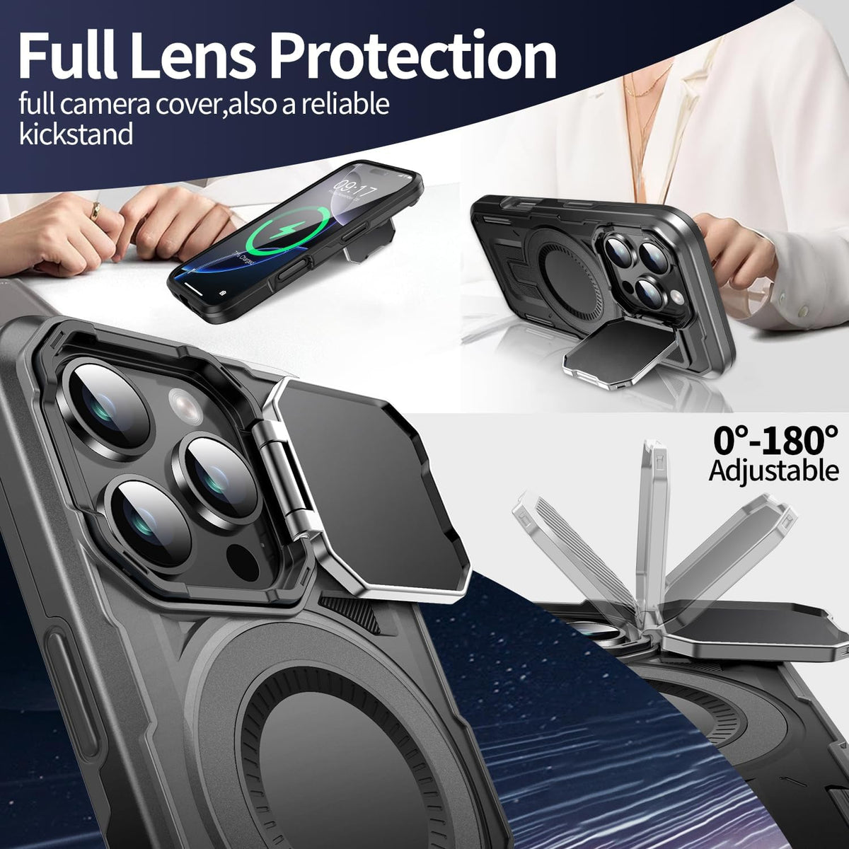 Camera Stand Case for iPhone 16 Pro, [Compatible with MagSafe] [Lens Cover] 2024 Version Military Grade Protective Soft Case for iPhone 16 Pro 6.3 inch Men Women, Black