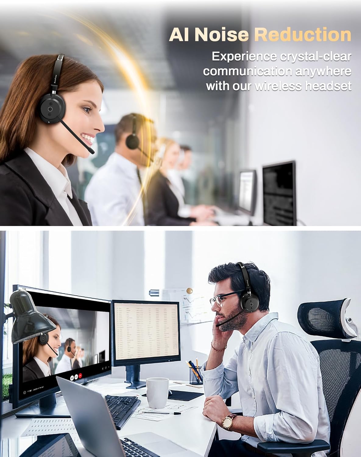 Wireless Headset with Mic for Work,Bluetooth Headphones for PC,Office,Call Center,Computer Headphones with Microphone 2.4Ghz USB Dongle & Bluetooth 5.3,Lightweight & Comfortable for Online Class,Home