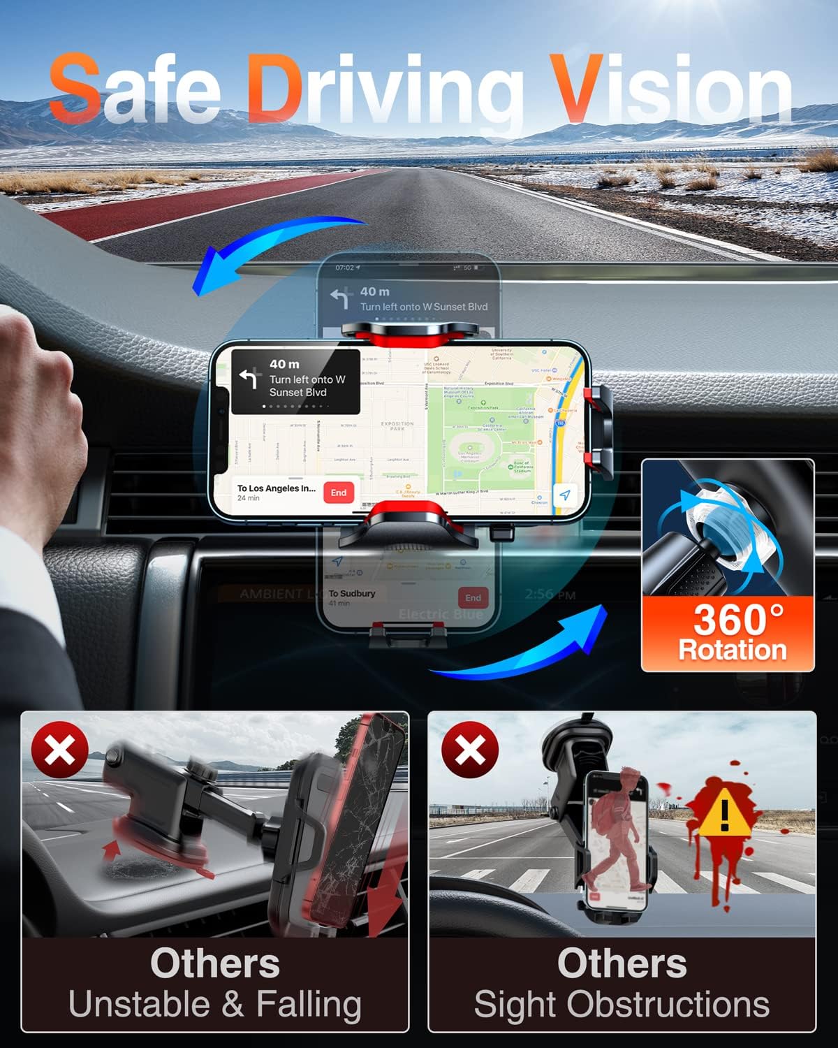 VANMASS Car Phone Holder Mount 2025 Upgraded [Patent Steel-Hook] Car Vent Phone Mount Clip Military-Grade Shockproof Cell Phone Car Mount Handsfree Truck Stand Vent Cradle for iPhone 16 Android,Red