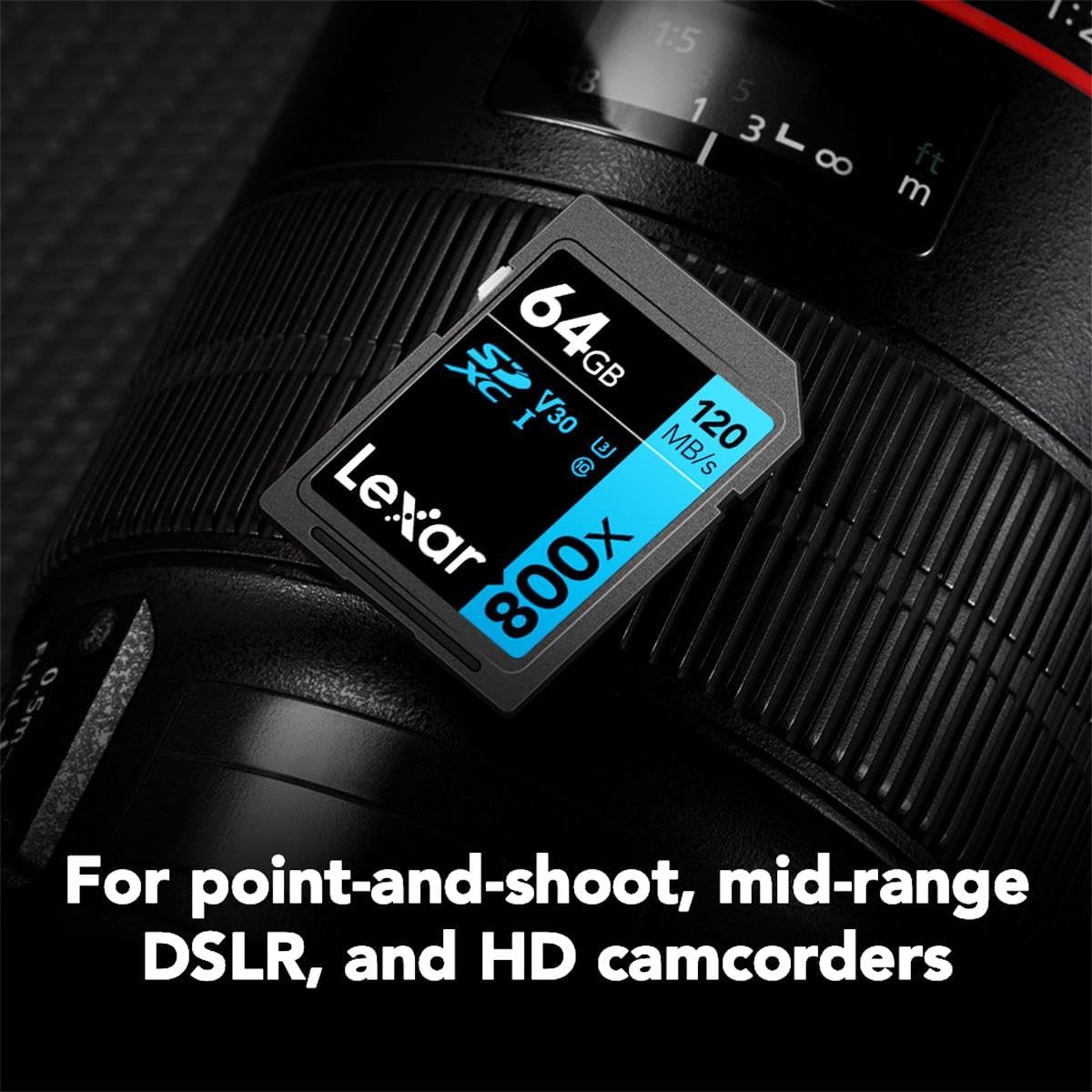 Lexar High-Performance 800x 64GB (2-Pack) SDXC UHS-I Memory Cards, C10, U3, V30, Full-HD & 4K Video, Up to 120MB/s Read, for Point-and-Shoot Cameras, Mid-Range DSLR, HD Camcorder (LSD0800064G-B2NNU)