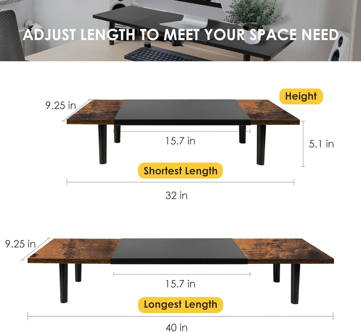 Dual-Monitor-Stand-Riser-For-Desk Adjustable Length 32-40 Inch, Large Desktop Computer Monitor Riser For 2 Screens, Desk Shelf Organizer Riser Stand For Computer/Laptop/PC/Printer/TV Brown