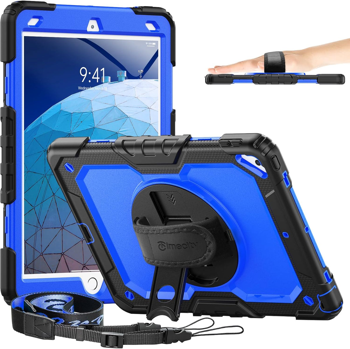 Timecity for iPad Air 3/ Pro 10.5 Inch Case, 360° Rotating Stand, Pencil Holder, Shockproof with Screen Protector & Shoulder Strap - Heavy Duty Protection Case for iPad Air 3rd Gen - Drak Blue