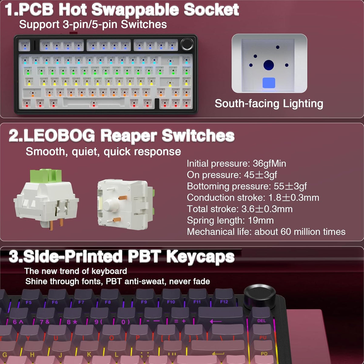 AULA F75 Pro Wireless Mechanical Keyboard,75% Hot Swappable Custom Keyboard,RGB Backlit,Pre-lubed Reaper Switches,Side Printed PBT Keycaps Mechanical Gaming Keyboards, Pink&Black