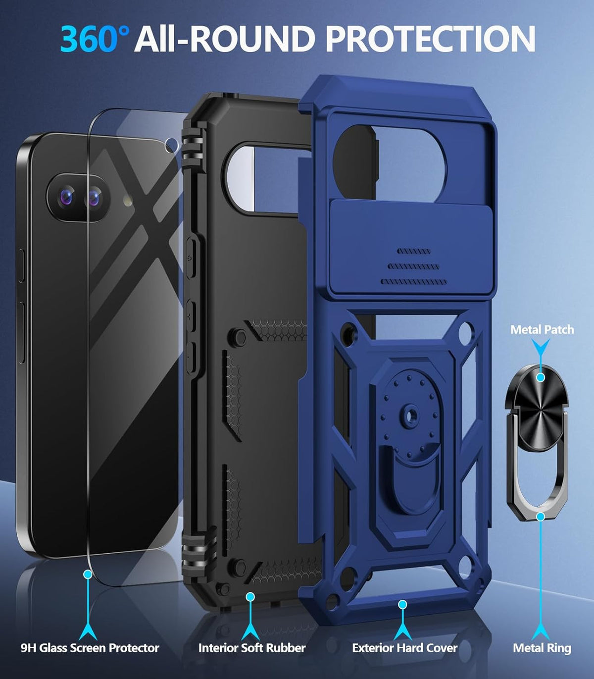 Taisairu for Google Pixel 9A Case with Screen Protector & Slide Camera Lens Cover,Built-in 360°Rotate Magnetic Ring Stand Shockproof Protective Phone Case for Google Pixel 9A Case (Blue)