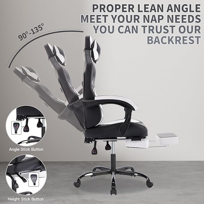 Gaming Chair Ergonomic Computer Chair with High Back Office Computer Chair with Footrest and Massage Lumbar Support Height Adjustable Swivel Video Game Chair (Black White 1)