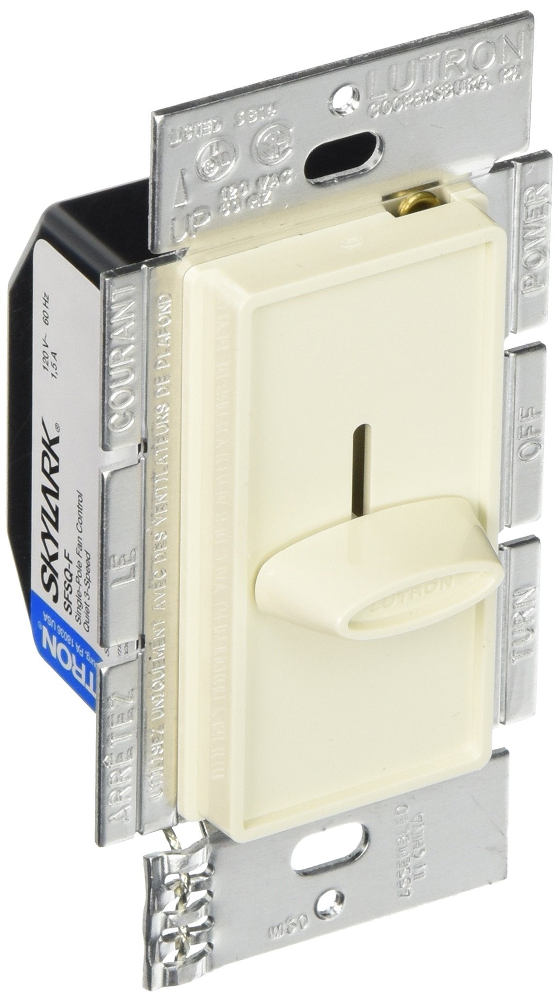 Lutron Electronics SFSQ-FH-LA Single Pole Slide-to-Off Quiet 3-Speed Fan Control, 1.5-Amp, Light Almond