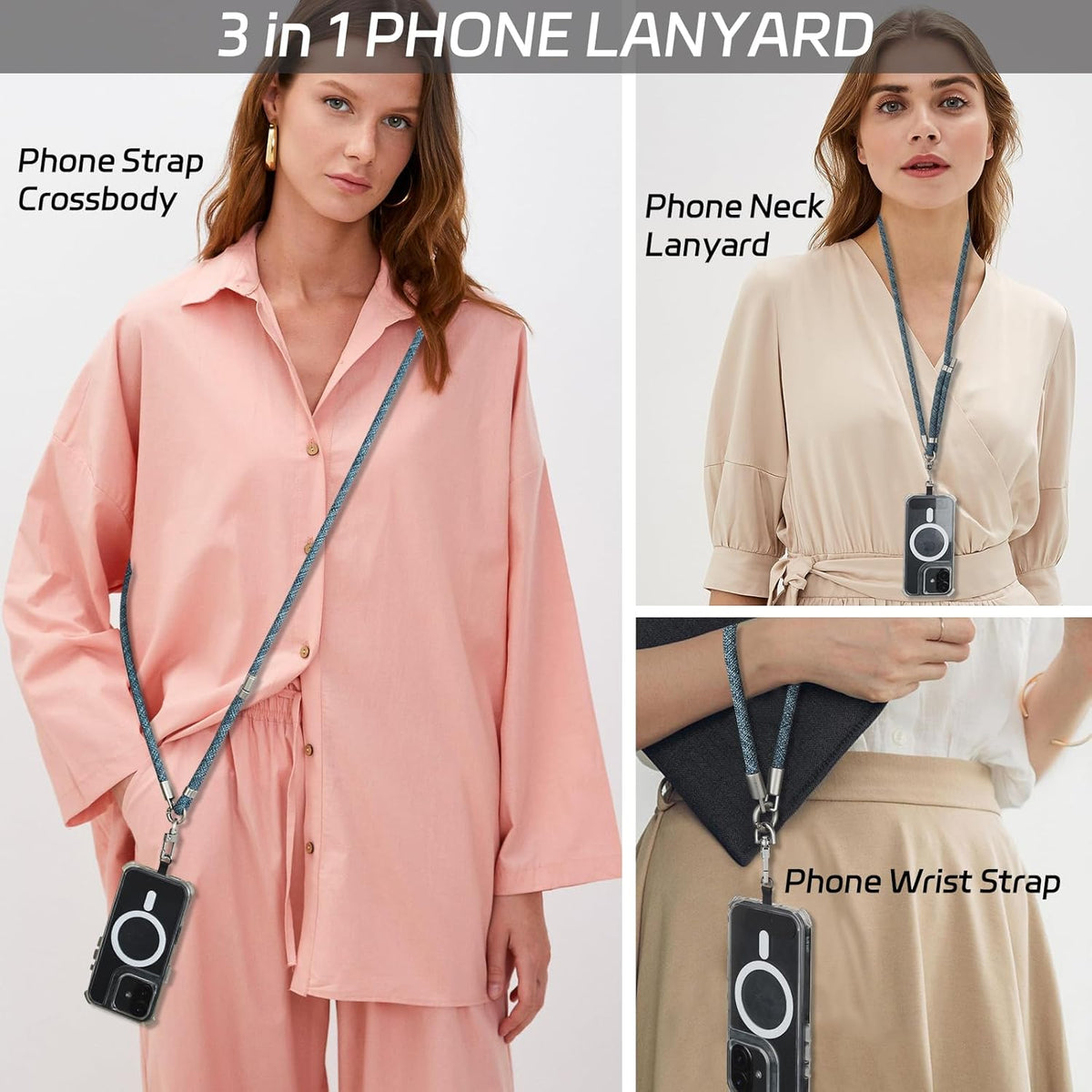 3-in-1 Adjustable Phone Lanyard Crossbody Cell Phone Neck Strap Universal Mobile Wrist Lanyard
