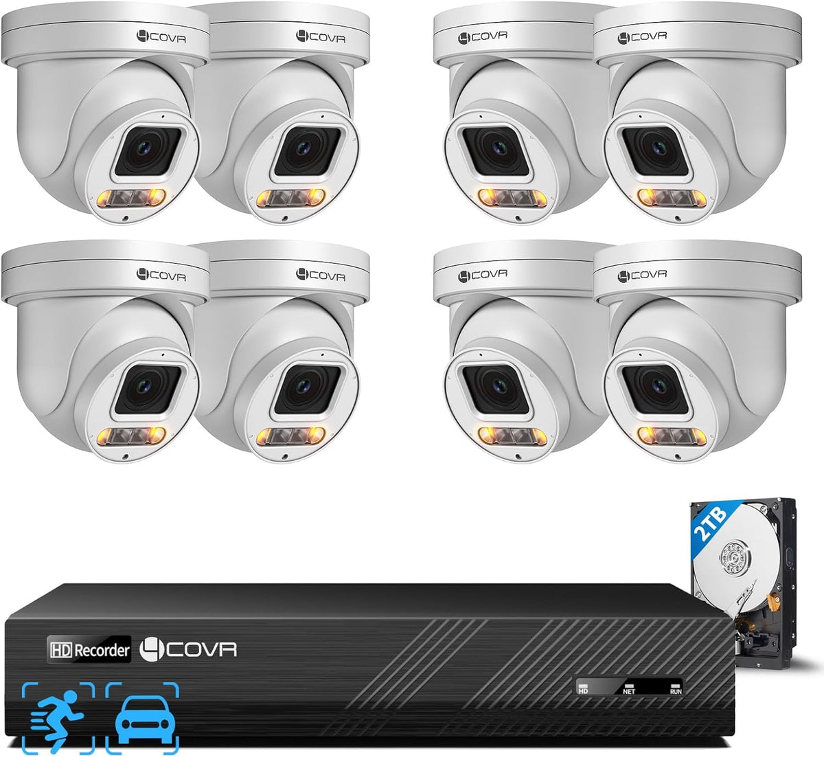 4COVR PoE PTZ Security Camera System 8 Channel 4K, 8X 8MP IP PTZ Camera Two Way Audio, 280ｰ Pan 90ｰ Tilt 5X Optical Zoom, Smart Color Night Vision, Human Vehicle Detection, NVR 2TB HDD, LY5XCP8M0808