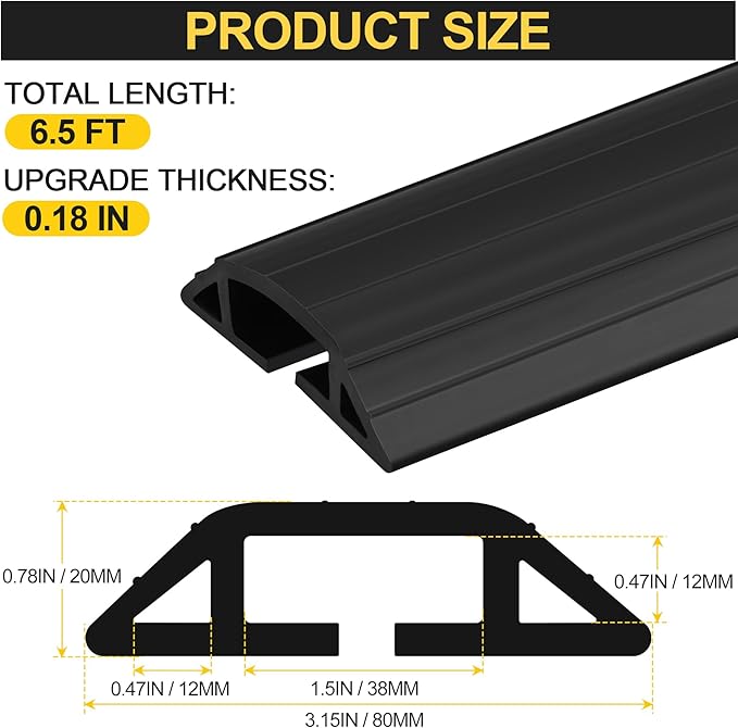 MYFAMIREA 6.5FT Floor Cord Cover Heavy Duty Cable Cover Protector 3 Channels Extension PVC Floor Wire Cover Outdoor Cord Hider Management Cord Cover for Wire on Floor for Home Office Outdoor, Black