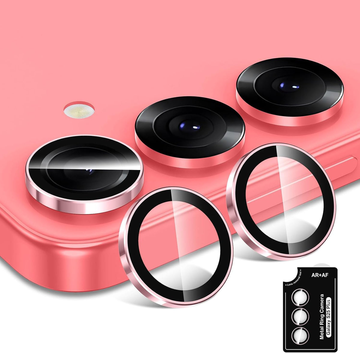 for Samsung Galaxy S25 Plus Camera Lens Protector, Individual Metal Ring Tempered Glass Lens Cover, [Strong Adsorption] Scratch Resistant Ultra-Thin HD Clear Lens Cover, 1 Set-Pink Ring