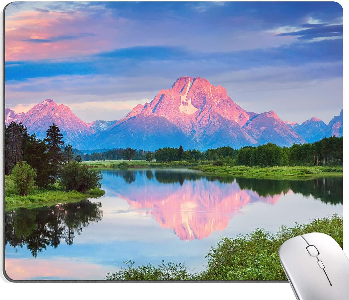 Snowy Mountains Lake Tree Mountains Mouse Pad, Landscape Mouse Pad Custom Design, Square Waterproof Mouse Pad Non-Slip Rubber Base MousePads for Office Laptop, 9.5 x7.9 x0.12 inch