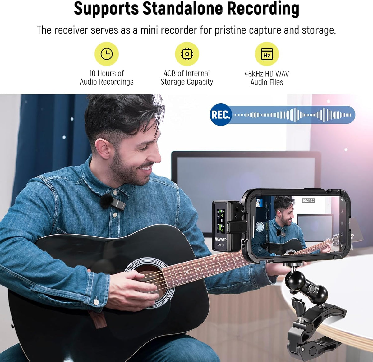 NEEWER CM28 Wireless Lavalier Microphone System with Charging Case Noise Canceling 4GB Storage 9Hrs Recording 48KHz 16 Bit Uncompressed Audio Lapel Mic Compatible with iPhone iPad Android PC Camera