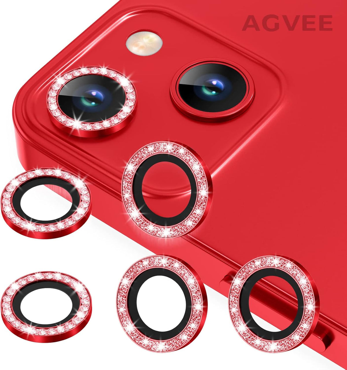 AGVEE 3+3 6 Pack for iPhone 13 6.1 inch / 13 Mini 5.4 inch Camera Lens Protector, Bling Diamond & Bling Glitter Metal Ring 9H Tempered HD Glass Camera Protector Cover Film, Bling-Red