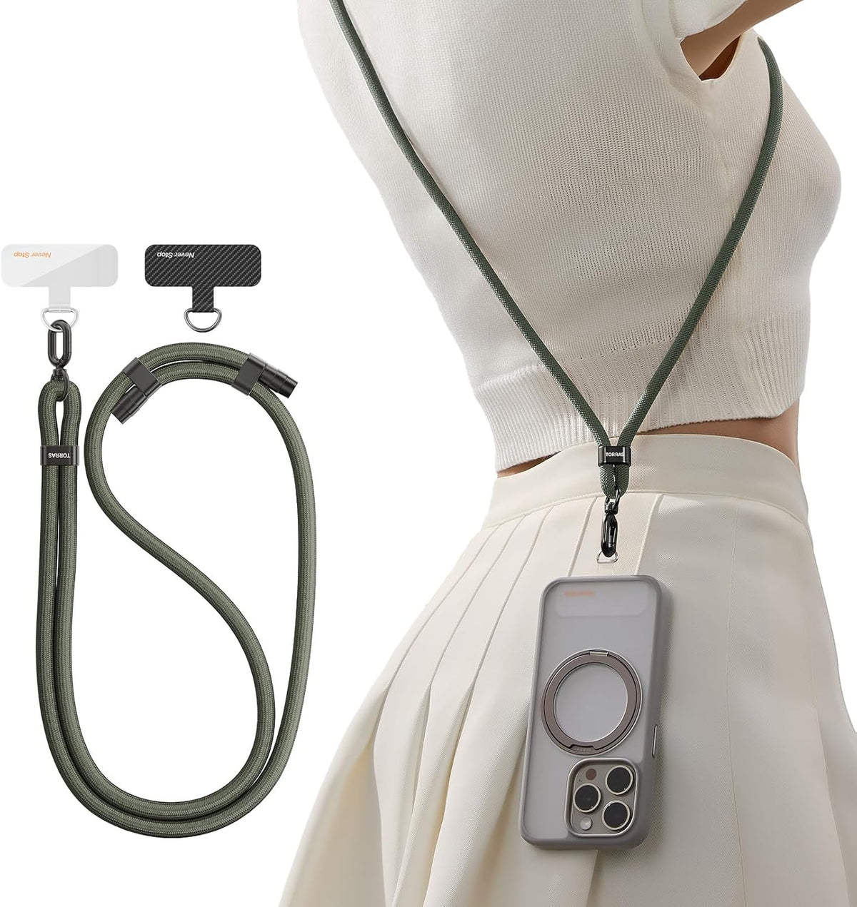 TORRAS Phone Lanyard Crossbody with 2 Phone Tabs, Adjustable Anti Theft Phone Strap for All Phones, Premium Metal Buckles, Skin-Friendly, Universal Phone Neck lanyard for Women and Men, Olive Green