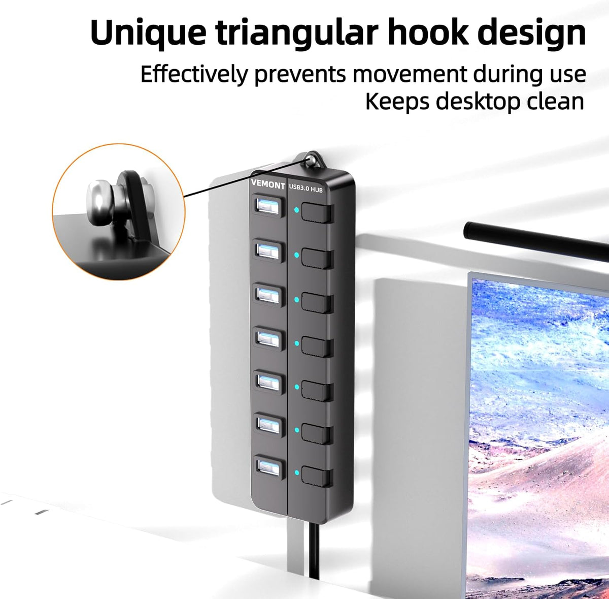 VEMONT 7-Port USB 3.0 Hub (Equipped with a 4-Foot Data Cable, Individual Switch, and Indicator Light, it Supports Data Transfer speeds of up to 5Gbps) Suitable for Desktop Computers and laptops.