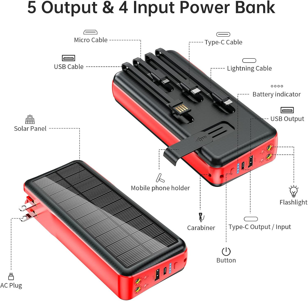 Portable Charger with Built in Cable and Wall Plug 50000mAh 22.5W Fast Charging Solar Power Bank with 5 Output & 2 Input Dual LED Flashlights Phone Holder External Battery Pack (Red)