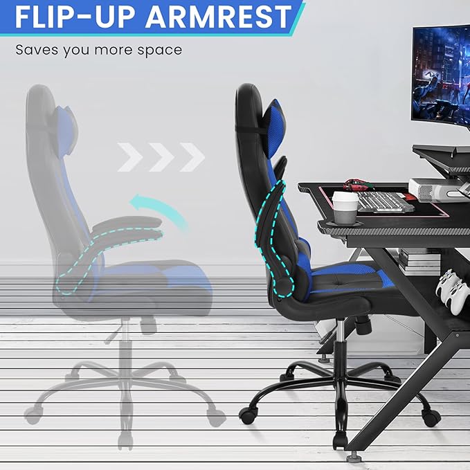 Gaming Chair PU Leather Computer Chair with Flip-up Armrest and Lumbar Support Ergonomic High Back Home Office Chair Comfy Video Game Chair for Home Bedroom Blue