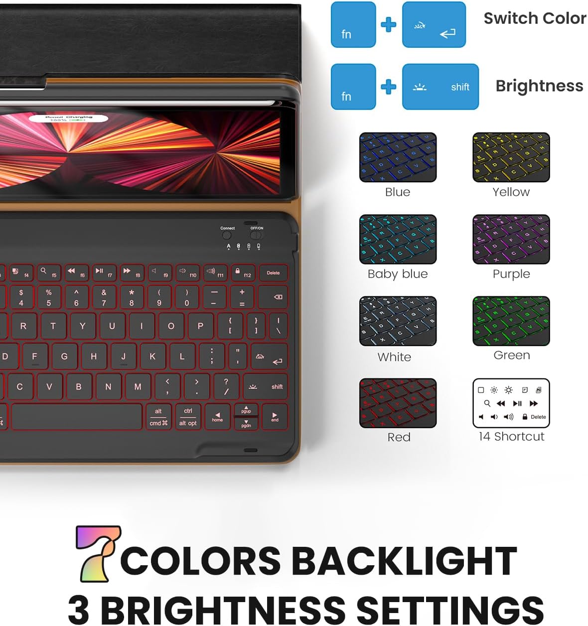 Leather Keyboard Case for iPad Air 5th 4th Generation 10.9 inch Pro 11 1st/2nd/3rd/4th, 7 Color Backlight BT Keyboard Folio with Pencil Holder 2022 2021 2020 2018 (Black