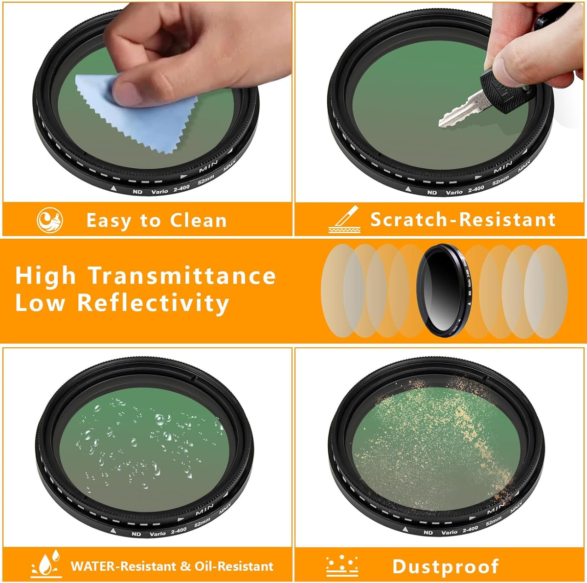 52MM Variable ND2-ND400 Filter, Ultra Slim Multi-Coated Adjustable Neutral Density Filter, Clip-on Phone Lens ND Filter Kit, Compatible for iPhone 15 14 13 12 11, Google Pixel and Other Smart Phones