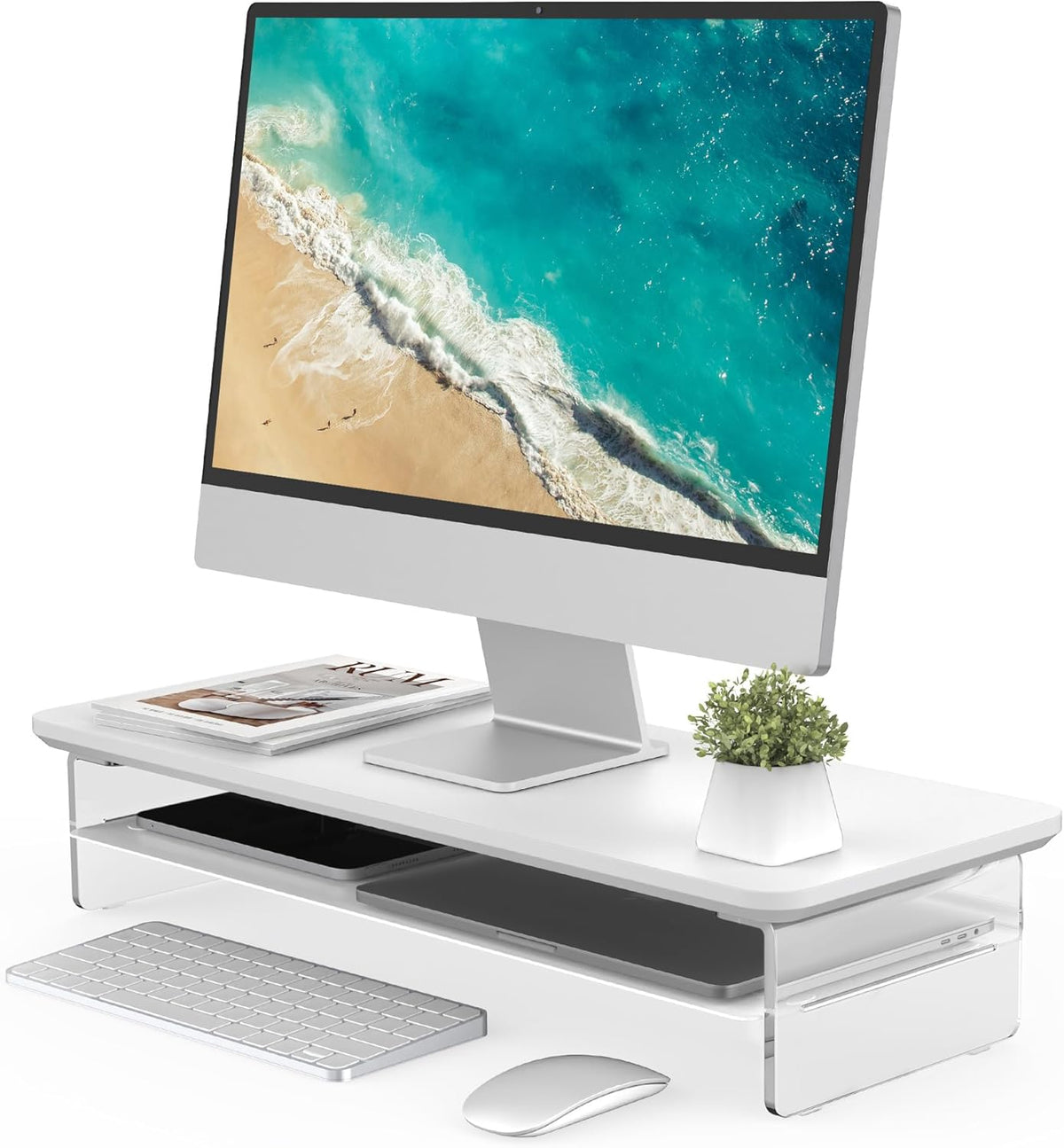 Fenge Acrylic Monitor Stand Riser, 23.6 Inches Monitor Stand with Metal Storage, 2 Tier Acrylic Computer Riser for Desk, Clear Laptop Stand for PC, Laptop, Printer, TV, White
