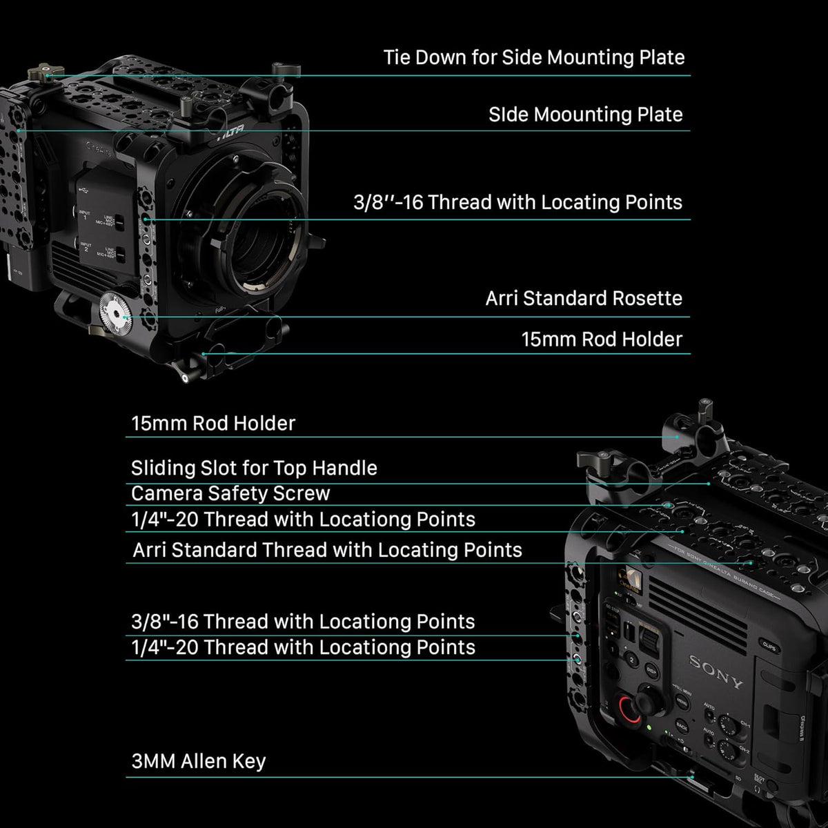 Tilta Camera Cage Compatible with Sony BURANO | Arri Rosettes, 1/4"-20 and 3/8"-16 Threads | w/Top Handle, Left/Right Side Arm, Battery Plate (Advanced Kit - Gold Mount)