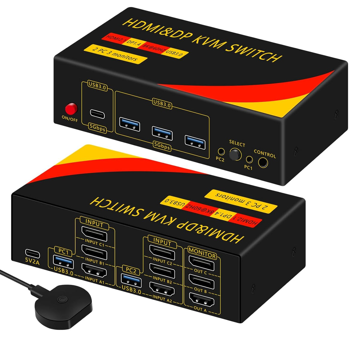 2*DP+1*HDMI KVM Switches 3 Monitors KVM Switch 2 Monitors 2 Computers Display Port，8K@60HZ,USB3.0,kvm displayport 2 Computers 3 Monitors Dual Monitors Support Extended and Copy Mode,Share USB Devices