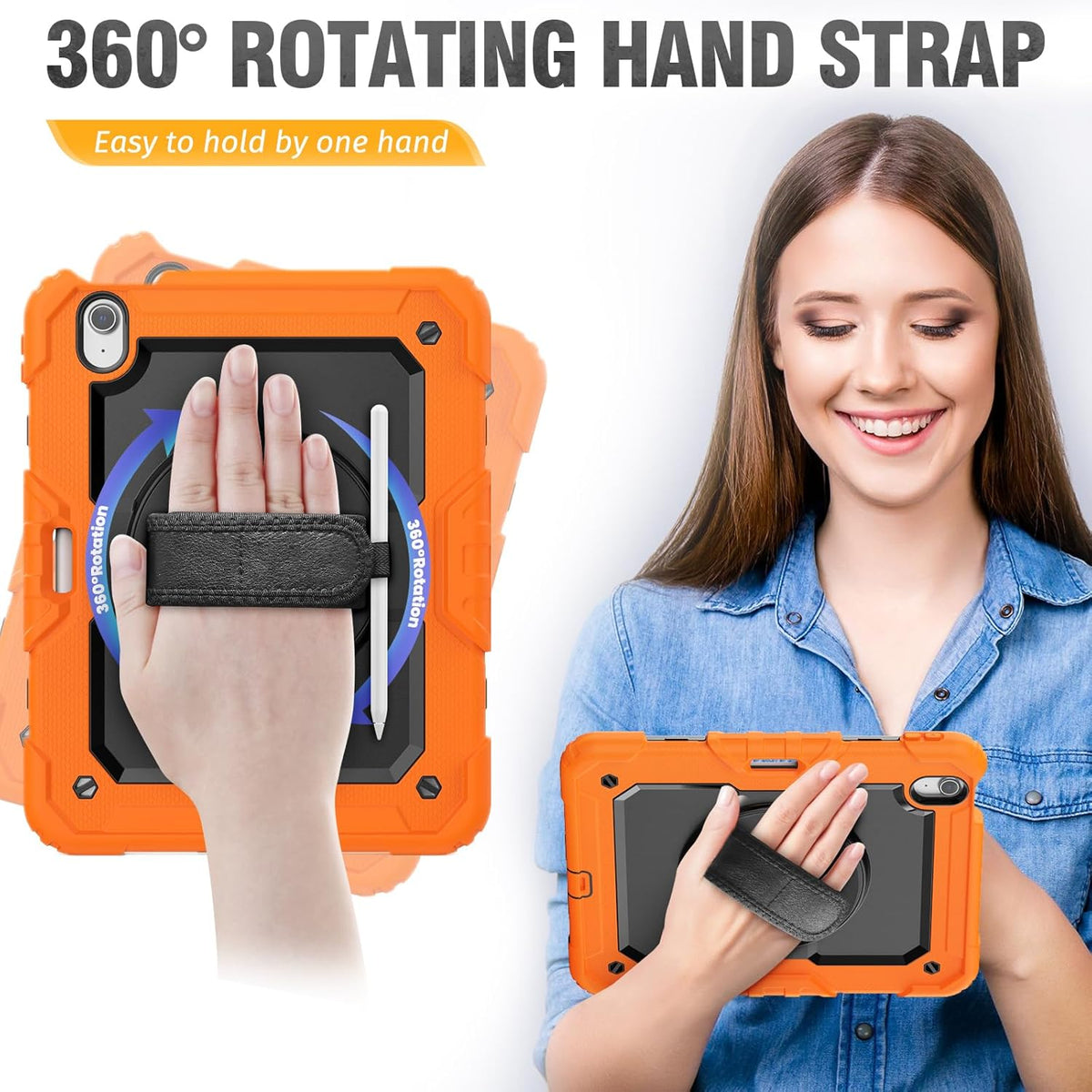 HXCASEAC Case for iPad Air 11 inch (2025 M3 / 2024 M2), Shockproof Design with Pencil Holder/Screen Protector/Rotating Hand Strap, Protective Cover for iPad Air 7th/6th Generation - Orange