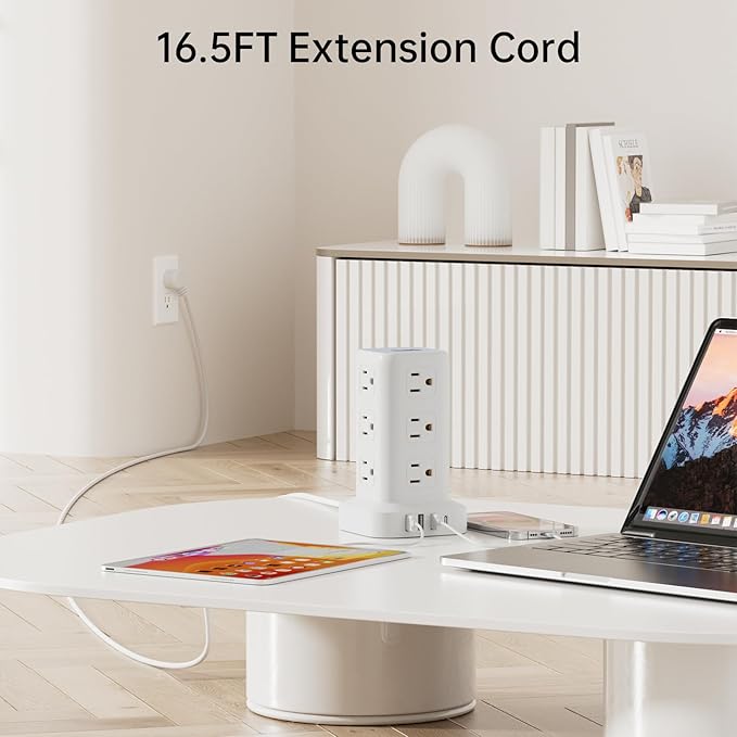 Power Strip with 12 Outlets 4 USB (1 USB C), 16.5Feet Extension Cord with Multiple Outlets, Charging Station, Power Strip Tower, Home Office Desk Supplies