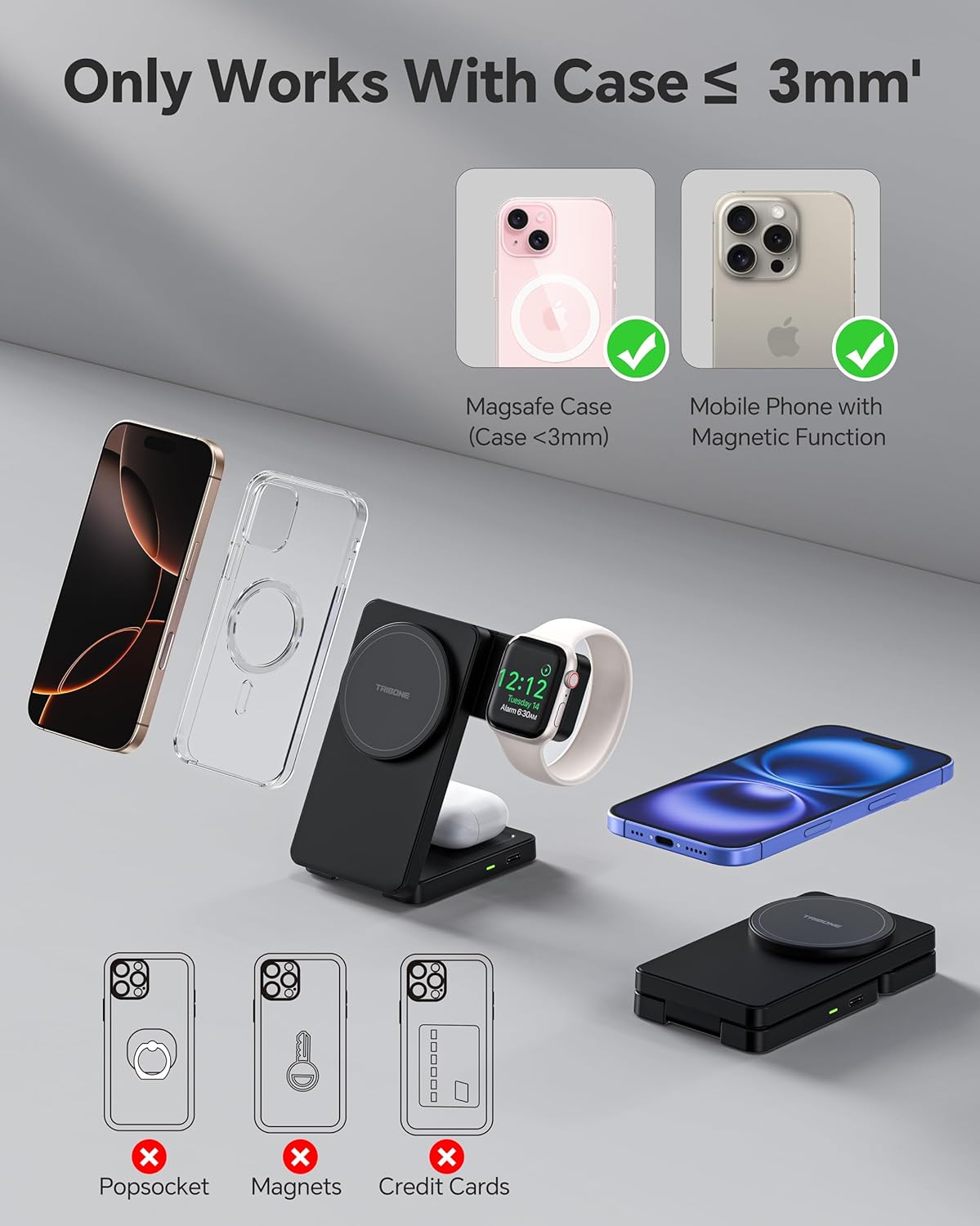3 in 1 Charging Station for iPhone 16 15 14 13 12 Series, Wireless Charger for Apple Watch，Travel Magnetic Charging Stand for AirPods (Black)