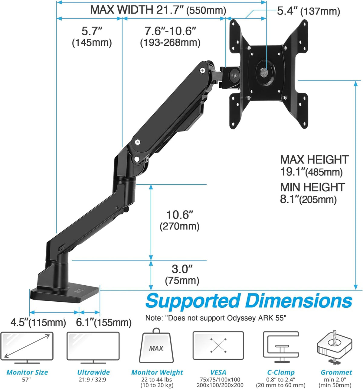 AVLT Single Monitor Arm Desk Mount for 34 to 57 in Screens – Fits One 44 lb Heavy Duty Monitor – Full Motion Height, Swivel, Tilt, Rotation – VESA 200x200, 200x100, 100x100, 75x75 – Black