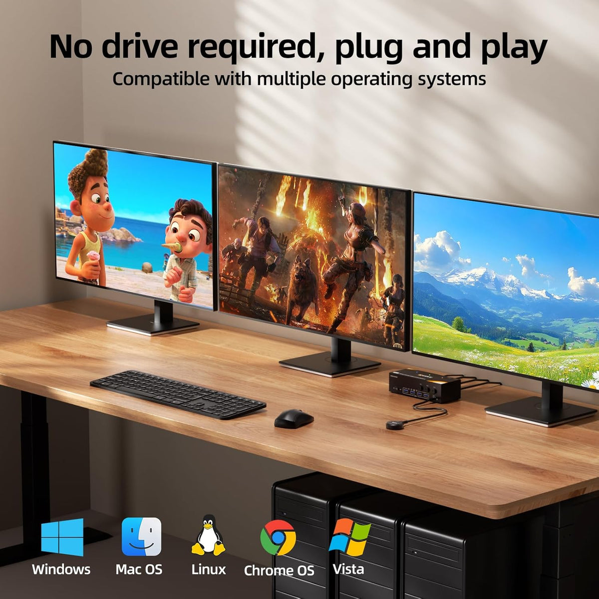 KVM Switch 3 Monitors 3 Computers 8K@60Hz/4K@120Hz, HDMI DP KVM Switches for 3 PC Sharing Triple Monitor and Keyboard Mouse with Power Adapter, Wired Extend Controller and USB3.0 Cables