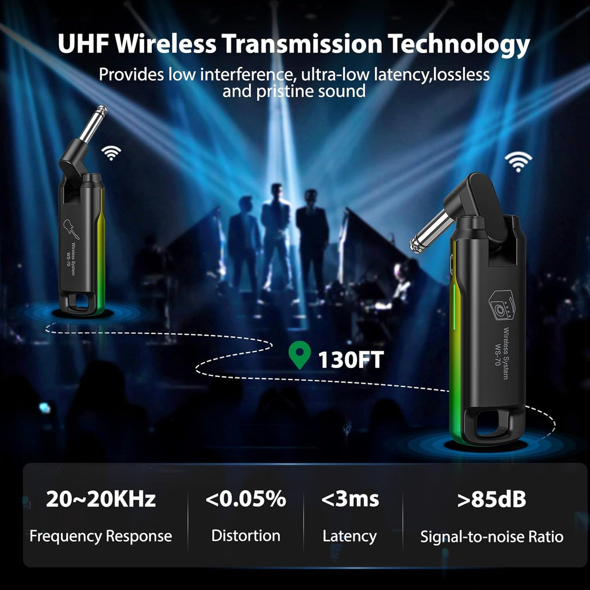 LEKATO Wireless Guitar System UHF Wireless Guitar Transmitter Receiver Rechargeable Audio Wireless Guitar Transmitter and Receiver with 70 Channels Wireless for Guitar Bass Electric Instruments-Green