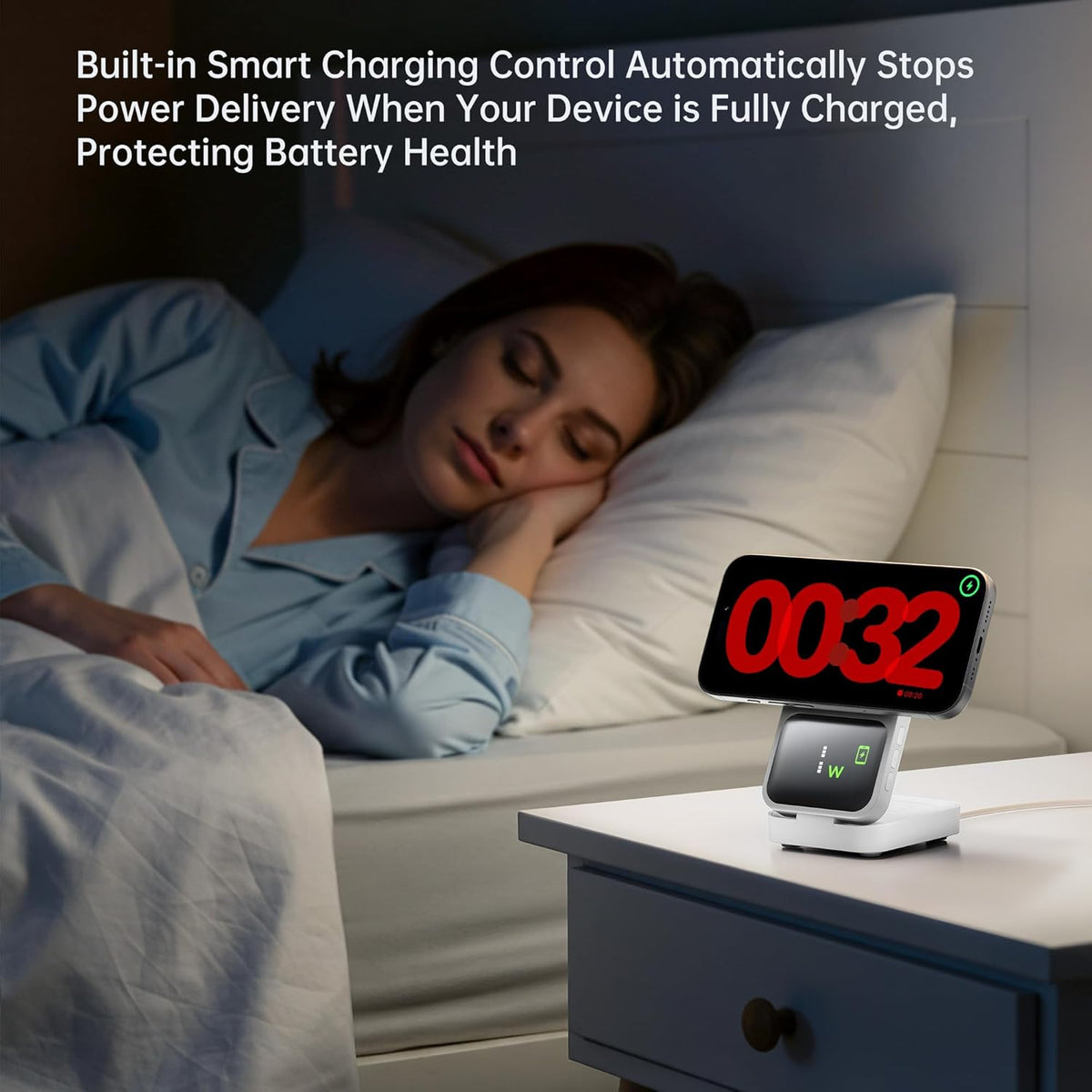 GUSGU MagTime 3 in 1 Wireless Charging Station with Real-Time Power and Time Display, Foldable Wireless Charger Stand, Compatible with iPhone 16/15/14/13/12, iWatch S1-10/Ultra, AirPods-White