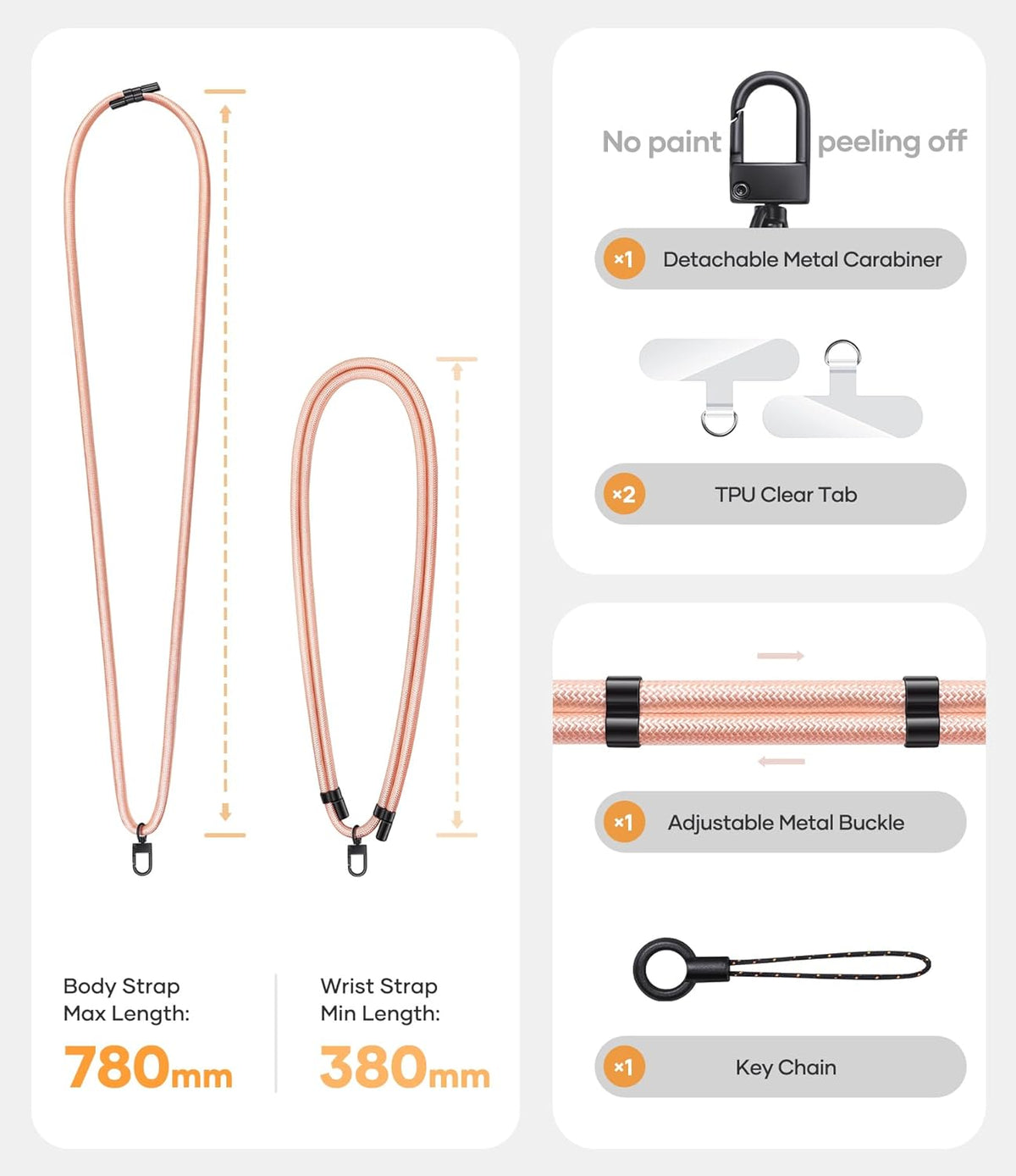 for Phone Lanyard Crossbody with 2X TPU Clear Phone Tabs, Retractable Cellphone Lanyard, Premium Metal Buckles, Skin-Friendly, Universal Wrist Strap Leash for Women Men,Pink-Gold