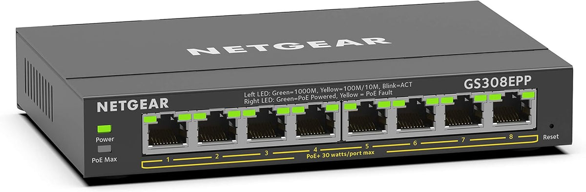 NETGEAR 8 Port PoE Gigabit Ethernet Easy Smart Managed Essentials Switch (GS308EPP) - with 8 x PoE+ @ 123W, Desktop or Wall Mount