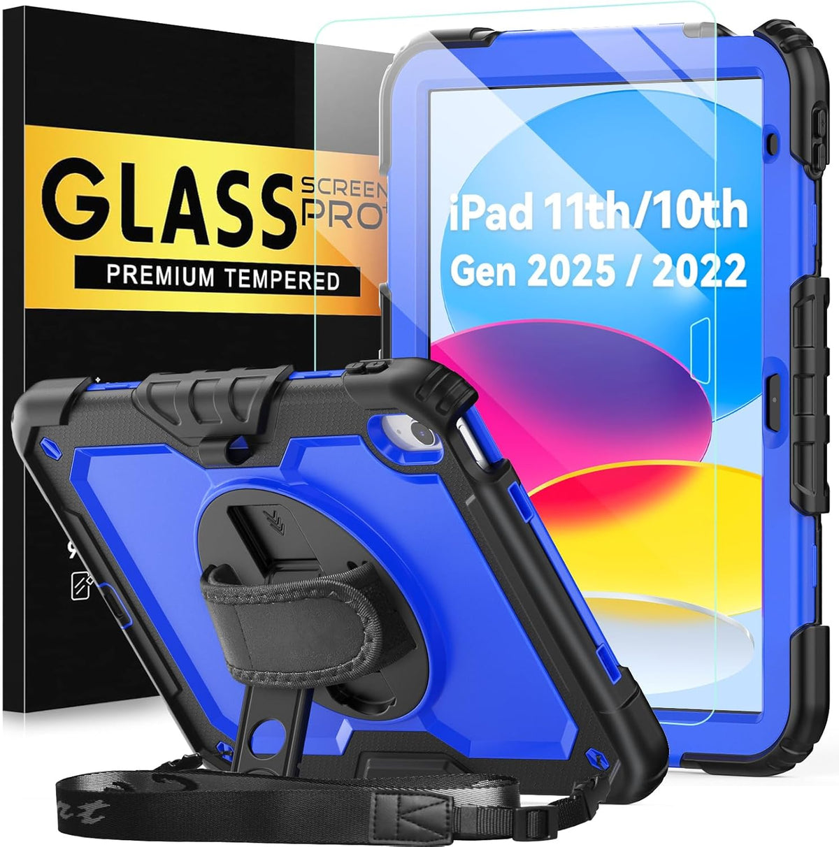 BLOSOMEET Case for iPad A16 11th/10th Generation 11''/10.9'' 2025/2022 with Tempered Glass Screen Protector & Pencil Holder, Rugged Military Grade Cover w/Stand Hand Shoulder Strap, Blue