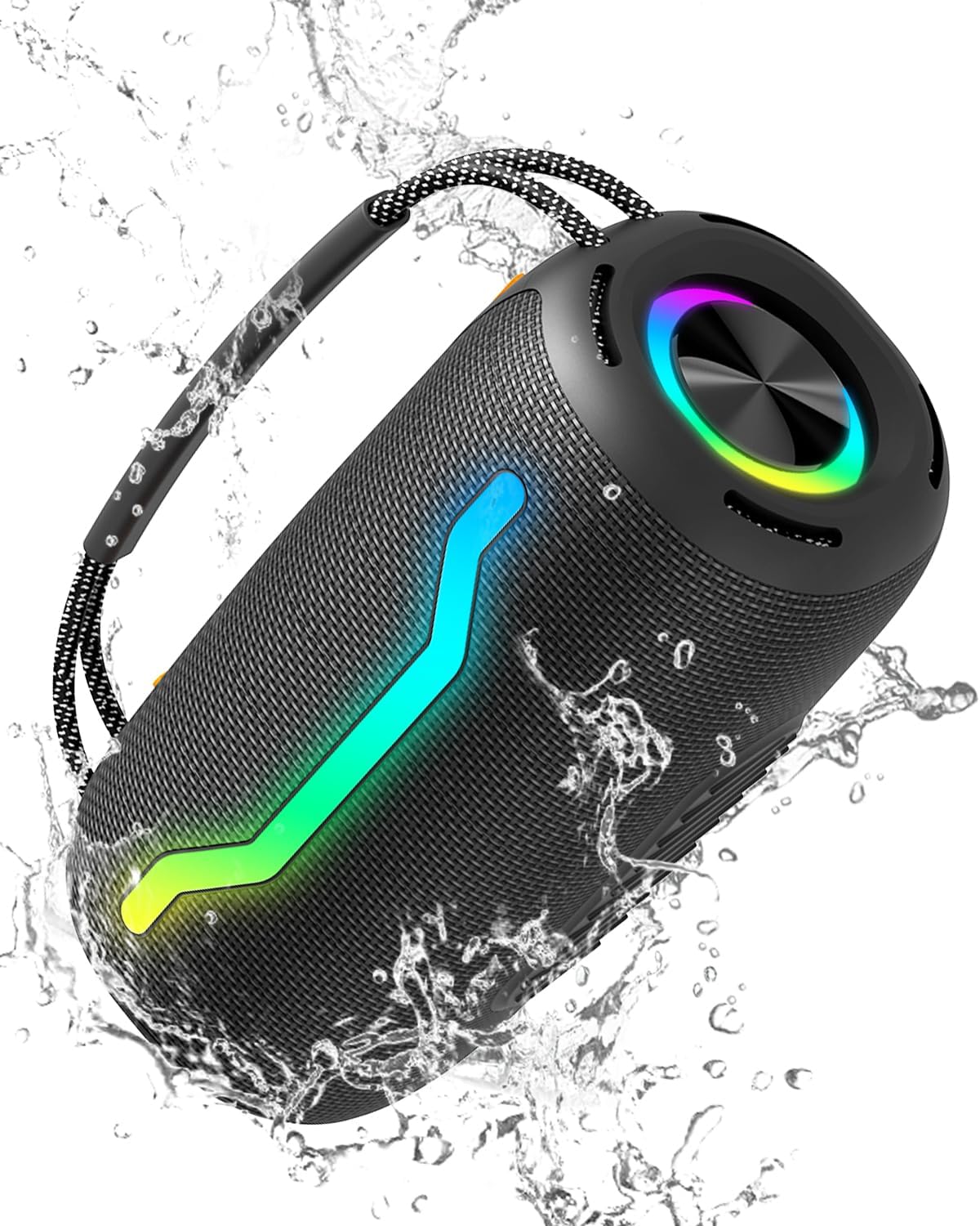 Portable Bluetooth Speaker with Light, Loud Sound and Deep Bass, IPX6 Waterproof, Up to 18H Playtime, TWS Pairing, Support Bluetooth/AUX/USB/TF Card for Home, Party, Outdoor and Travel (Black)