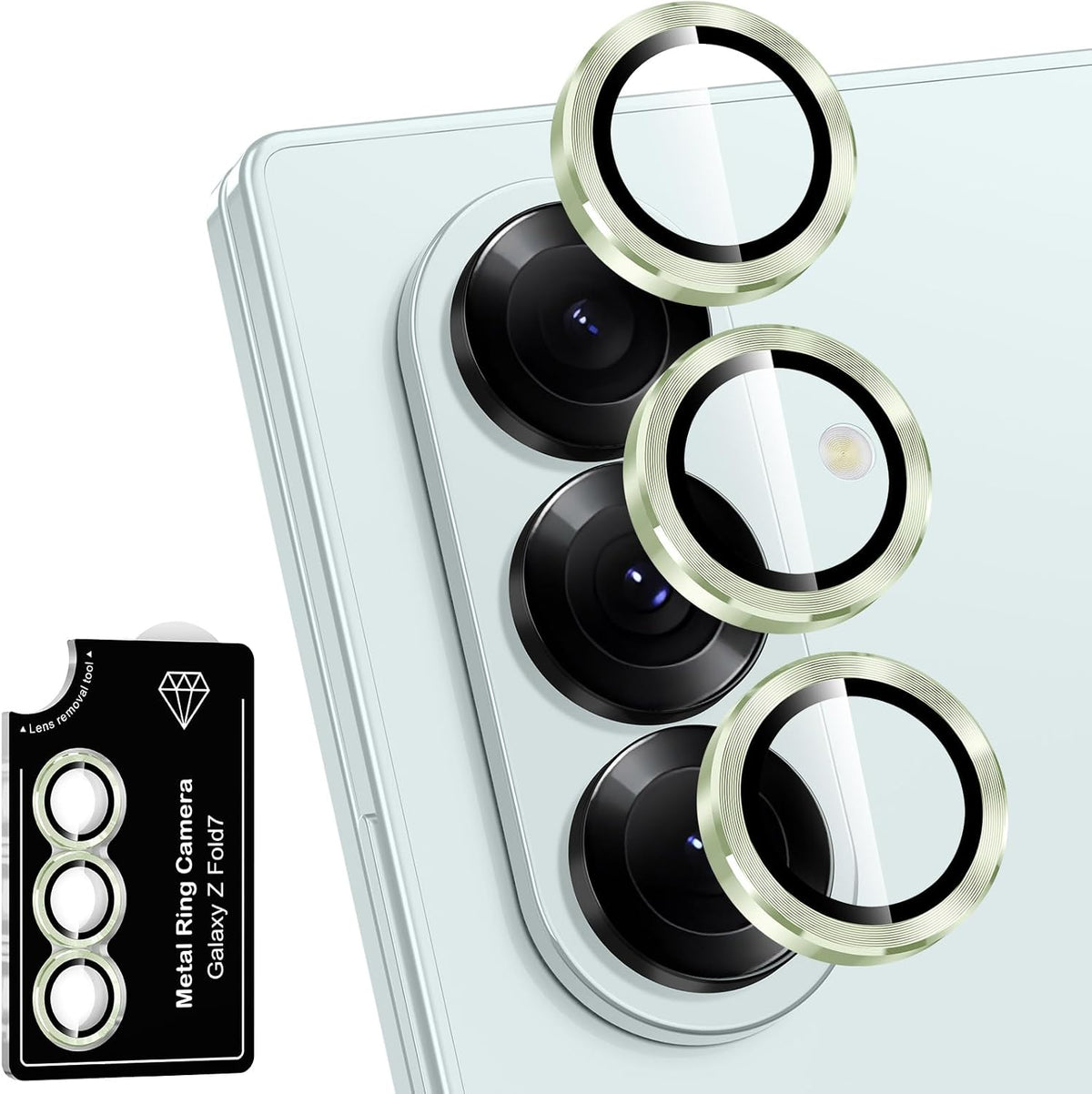 for Samsung Galaxy Z Fold 7 Camera Lens Protector, Individual Metal Ring Tempered Glass Lens Cover, [Strong Adsorption] Scratch Resistant Ultra-Thin HD Clear Lens Cover, 1 Set-Green