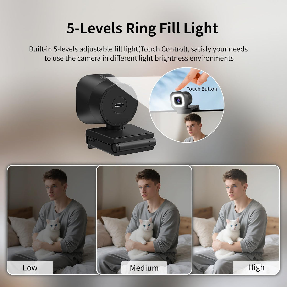 TOALLIN 4K Webcam with Ring Light, Remote Control, PDAF Auto-Focus, 1/2.5" Sensor & 12MP, Built-in Dual Mics, 5X Digital Zoom and Image Mirroring, Web Camera for Live-Streaming/Meeting/Video Calls