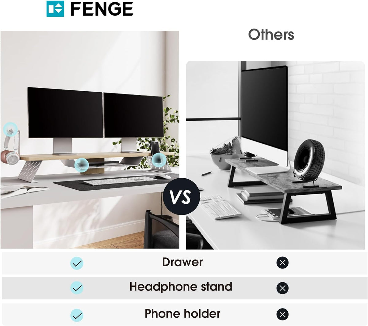 Fenge Dual Monitor Stand, 42.5 Inch Monitor Riser for Desk, Wood Desk Shelf for 2 Monitors, 2 Tier Monitor Shelf with Headphone Stand & Phone Holder