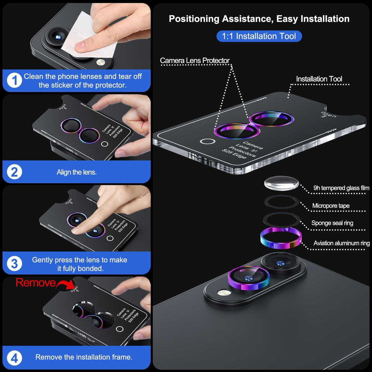 WSKEN for Samsung Galaxy S25 Edge Camera Lens Protector - Edge Thin Case Friendly, 9H Shatterproof Tempered Glass with Aluminum Metal Circle Camera Screen Protector Cover Accessories, Colorful