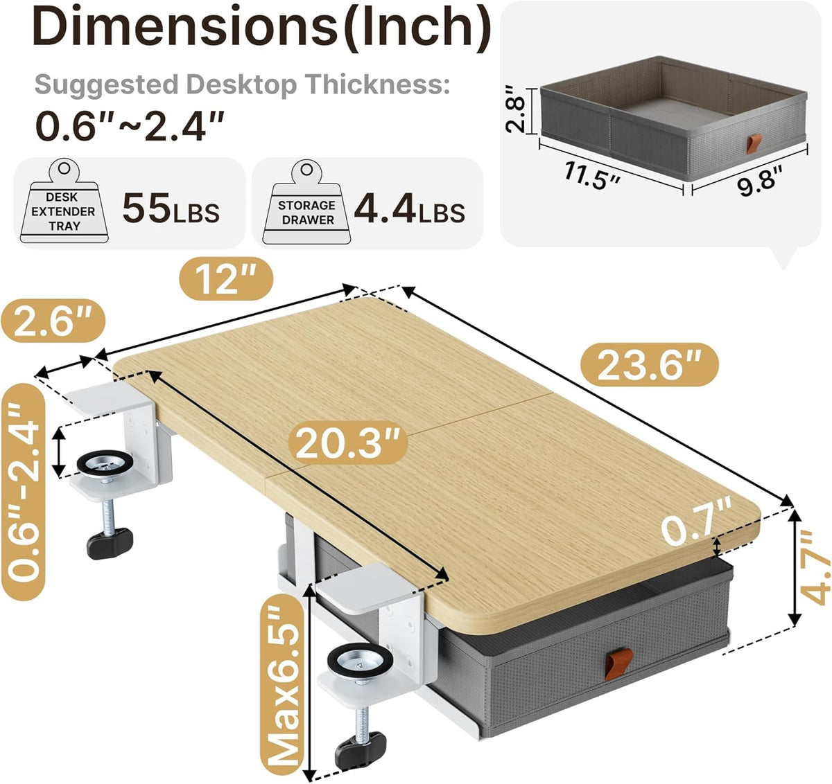Desk Extender Tray, 24" x 12" Clamp On Desk Shelf, Desk Extension with Storage Drawer, Table Desk Arm Rest, Clamp On Keyboard Tray for Office and Home, Workstation Organizer, Medium, Wood