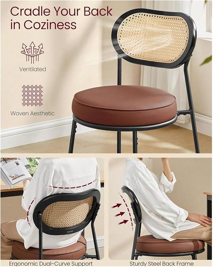 Adjustable Office Computer Chair with Armrest 1pcs Leather Upholstered Accent Dining Chairs with Woven Rattan Backrest(Coffee Brown)