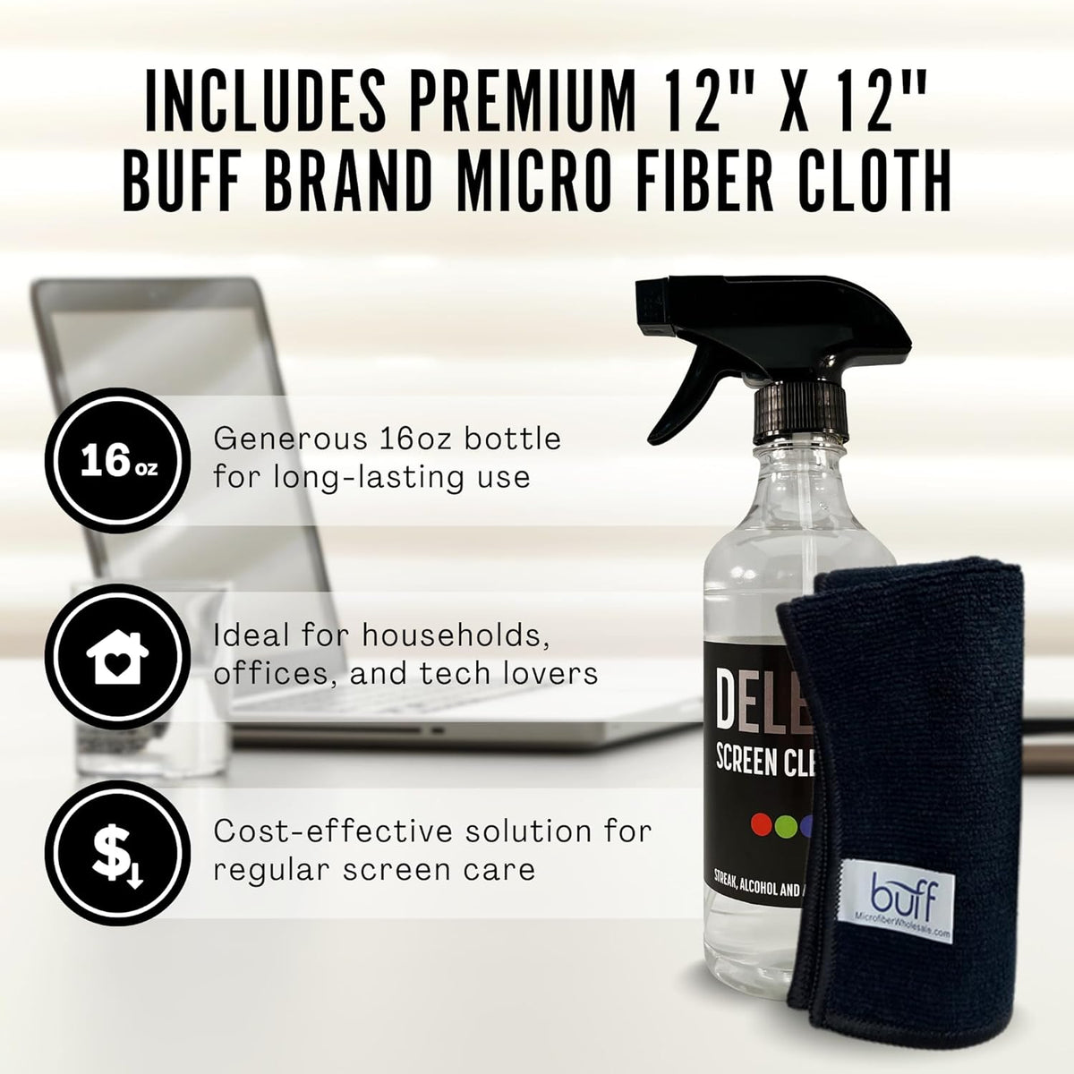 Delete Screen Cleaner Spray Kit, 2 Pack, 16oz and 2oz Bottle and 12"x12" Microfiber Cleaning Cloth, Streak-Free, Safe and Gentle Formula, Multi-Purpose for TVs, Computers, Monitors, Smart Phones
