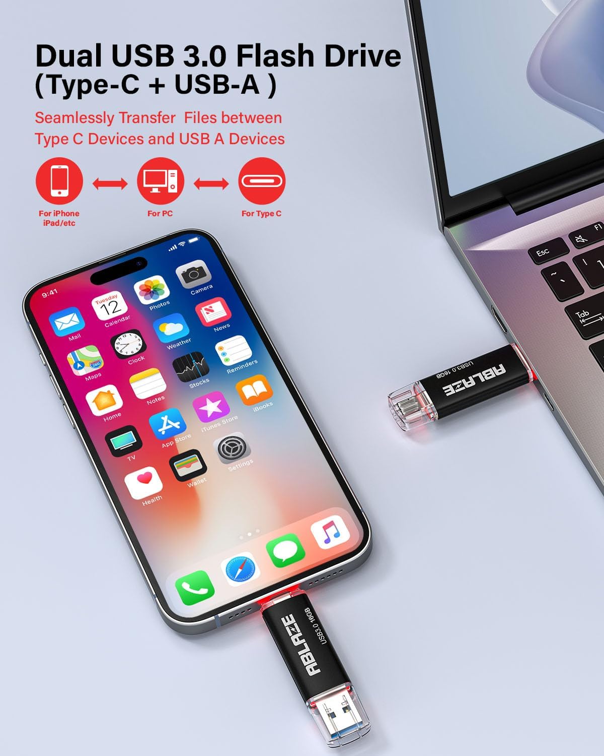 ABLAZE Type C Flash Drive 16GB, Dual USB 3.0+ USB C Flash Drive Compatible with iPhone 16/15,Android Smartphone,Computer,Tablet Mac Laptop