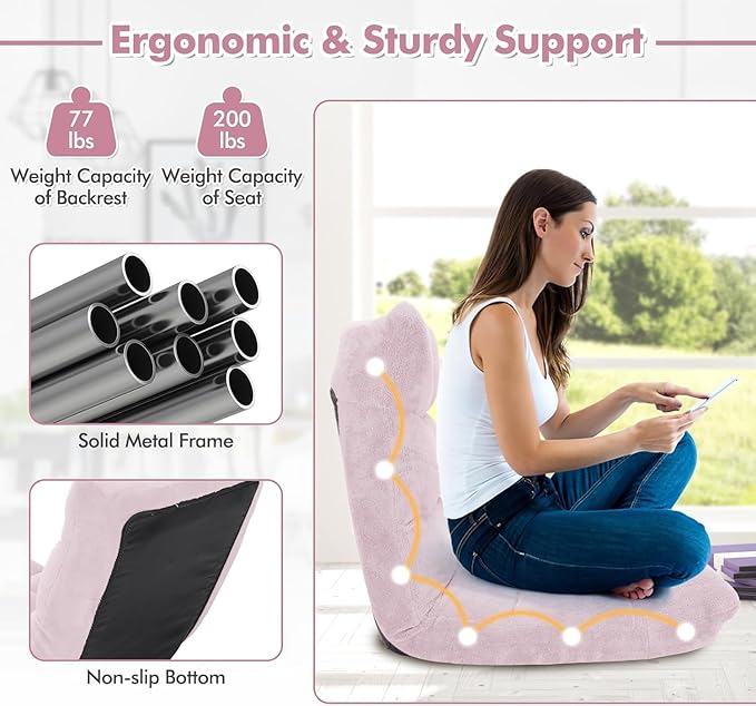 KOMFOTT 14-Position Adjustable Floor Chair with Back Support - Folding Padded Gaming Sofa Chair for Reading Meditation Living Room Lazy Lounge Video Gaming - Light Pink