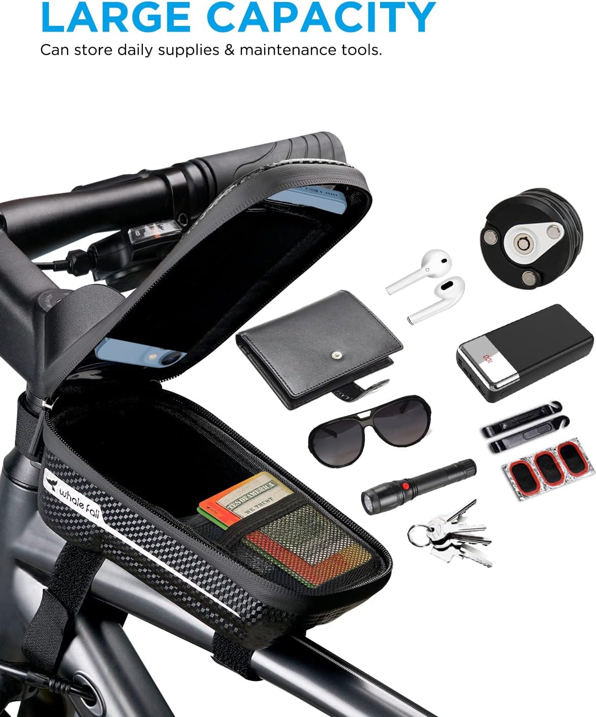 whale fall Bike Phone Frame Bag Waterproof, 3D Eva Hard Shell, Bike Phone Holder, Bicycle Top Tube Bag, Cycling Pouch with Rain Cover, Bike Accessories for Phones Under 7"